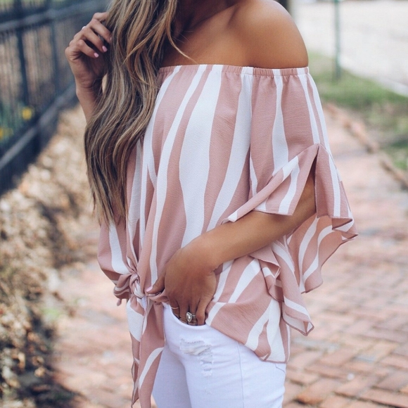 🆕 Striped Off Shoulder Bell Sleeve Blouse - Picture 2 of 7